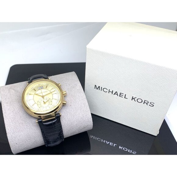 Michael Kors Women\'s Watch MK2433 Sawyer Quartz Gold Black Leather Band 39mm main image 4